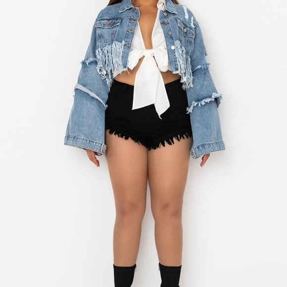 PLUS PATCHWORK ULTRA  CROPPED BELL SLEEVE DENIM JACKET - Picture 3 of 7